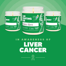 Load image into Gallery viewer, Liver Cancer Awareness soy candle in a 9 oz glass jar, in collaboration with GRACE, from Angela Rose Studios. Choose from three messages: "I Am Fighting For," "In Honor Of," or "In Memory Of," and personalize it with the name of your loved one. Each candle supports cancer patients, with 100% of proceeds donated to Greater Richland Area Cancer Elimination, Inc.