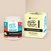 Load image into Gallery viewer, Old Fashioned Vanilla soy candle in a 9 oz glass jar with packaging box, from the Daily Scoop Collection by Angela Rose Studios. An officially licensed product, made in collaboration with the Wisconsin Union.