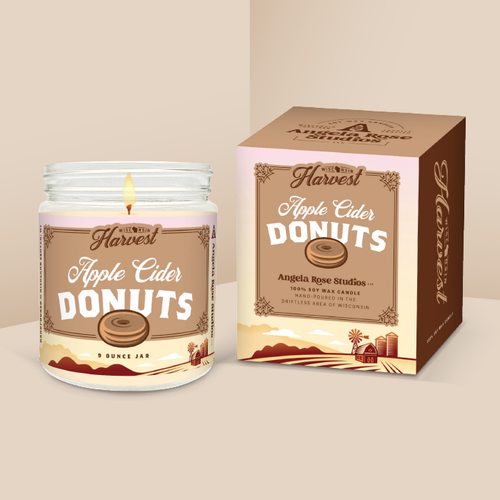 Apple Cider Donuts soy candle in a 9 oz glass jar with packaging box, from the Wisconsin Harvest Collection by Angela Rose Studios.