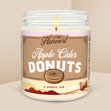 Load image into Gallery viewer, Apple Cider Donuts soy candle in a 9 oz glass jar, from the Wisconsin Harvest Collection by Angela Rose Studios.