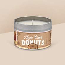 Load image into Gallery viewer, Apple Cider Donuts soy candle in a 8 oz travel tin, from the Wisconsin Harvest Collection by Angela Rose Studios.