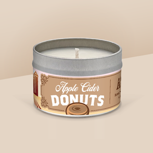 Apple Cider Donuts soy candle in a 8 oz travel tin, from the Wisconsin Harvest Collection by Angela Rose Studios.