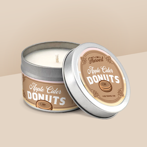 Apple Cider Donuts soy candle in a 4 oz travel tin, from the Wisconsin Harvest Collection by Angela Rose Studios.