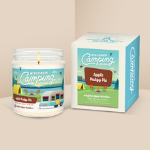 Load image into Gallery viewer, Apple Pudgy Pie soy candle in a 9 oz glass jar with packaging box, from the Wisconsin Camping Collection by Angela Rose Studios.