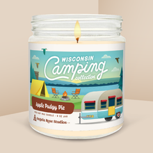 Load image into Gallery viewer, Apple Pudgy Pie soy candle in a 9 oz glass jar, from the Wisconsin Camping Collection by Angela Rose Studios.