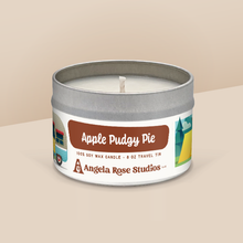 Load image into Gallery viewer, Apple Pudgy Pie soy candle in a 8 oz travel tin, from the Wisconsin Camping Collection by Angela Rose Studios.