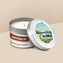 Load image into Gallery viewer, Apple Pudgy Pie soy candle in a 4 oz travel tin, from the Wisconsin Camping Collection by Angela Rose Studios.
