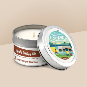 Apple Pudgy Pie soy candle in a 4 oz travel tin, from the Wisconsin Camping Collection by Angela Rose Studios.