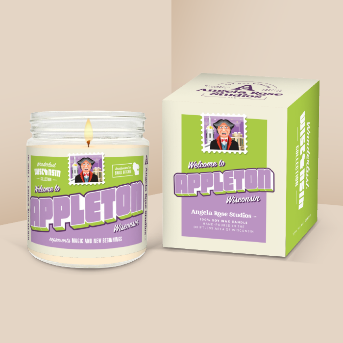 Appleton soy candle in a 9 oz glass jar with packaging box, from the Wanderlust Wisconsin Collection by Angela Rose Studios.