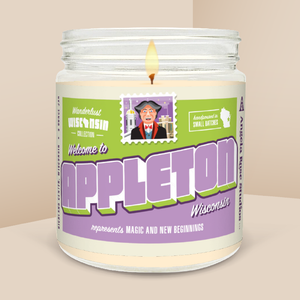 Appleton soy candle in a 9 oz glass jar, from the Wanderlust Wisconsin Collection by Angela Rose Studios.