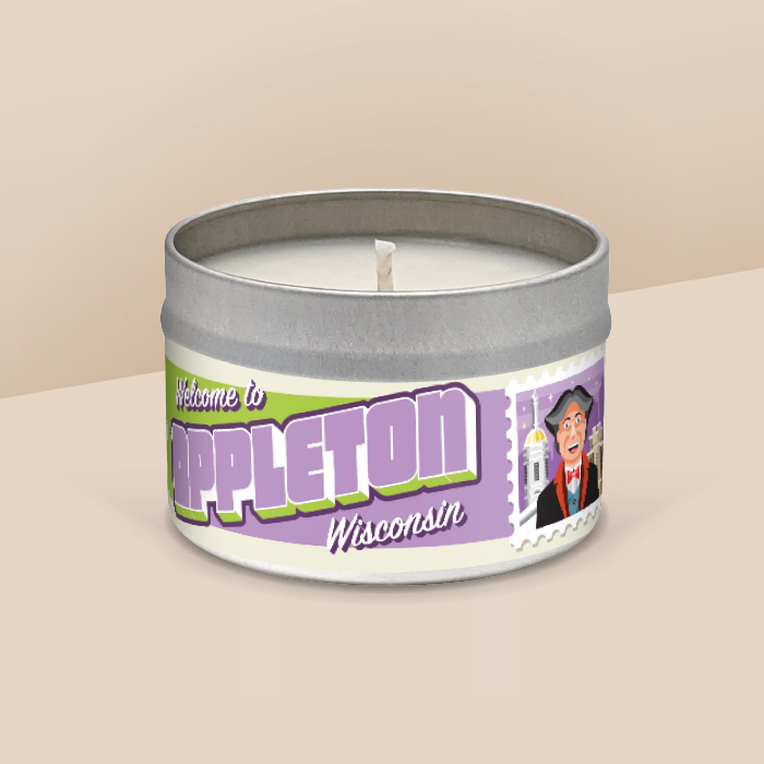 Appleton soy candle in a 8 oz travel tin, from the Wanderlust Wisconsin Collection by Angela Rose Studios.