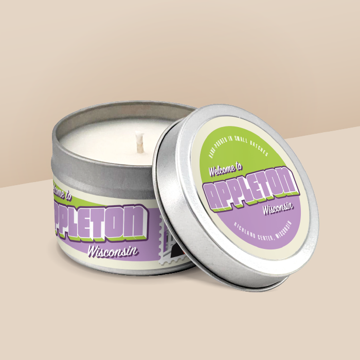 Appleton soy candle in a 4 oz travel tin, from the Wanderlust Wisconsin Collection by Angela Rose Studios.