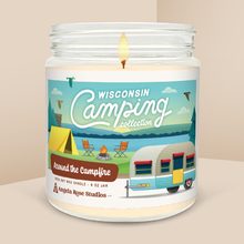 Load image into Gallery viewer, Around the Campfire soy candle in a 9 oz glass jar, from the Wisconsin Camping Collection by Angela Rose Studios.