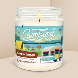 Around the Campfire soy candle in a 9 oz glass jar, from the Wisconsin Camping Collection by Angela Rose Studios.