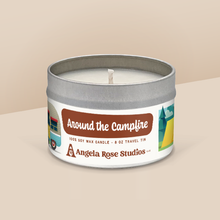 Load image into Gallery viewer, Around the Campfire soy candle in a 8 oz travel tin, from the Wisconsin Camping Collection by Angela Rose Studios.