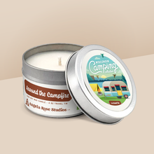 Load image into Gallery viewer, Around the Campfire soy candle in a 4 oz travel tin, from the Wisconsin Camping Collection by Angela Rose Studios.