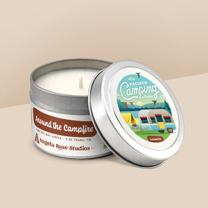 Around the Campfire soy candle in a 4 oz travel tin, from the Wisconsin Camping Collection by Angela Rose Studios.