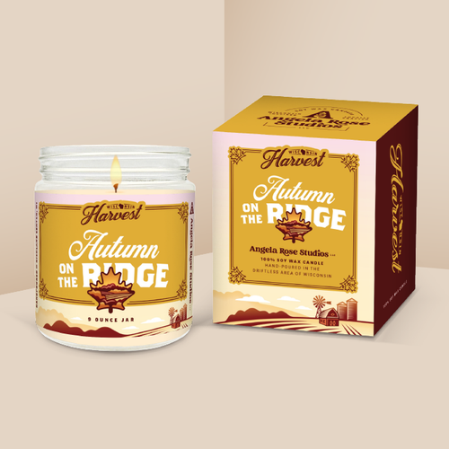 Autumn on the Ridge soy candle in a 9 oz glass jar with packaging box, from the Wisconsin Harvest Collection by Angela Rose Studios.