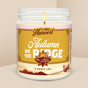 Autumn on the Ridge soy candle in a 9 oz glass jar, from the Wisconsin Harvest Collection by Angela Rose Studios.