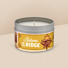 Load image into Gallery viewer, Autumn on the Ridge soy candle in a 8 oz travel tin, from the Wisconsin Harvest Collection by Angela Rose Studios.