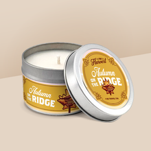 Load image into Gallery viewer, Autumn on the Ridge soy candle in a 4 oz travel tin, from the Wisconsin Harvest Collection by Angela Rose Studios.