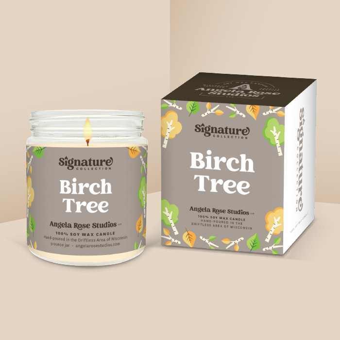 Birch Tree soy candle in a 9 oz glass jar with packaging box, from the Signature Collection by Angela Rose Studios.