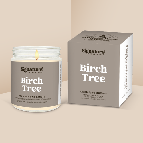 Birch Tree soy candle in a 9 oz glass jar with packaging box, from the Signature Collection by Angela Rose Studios.