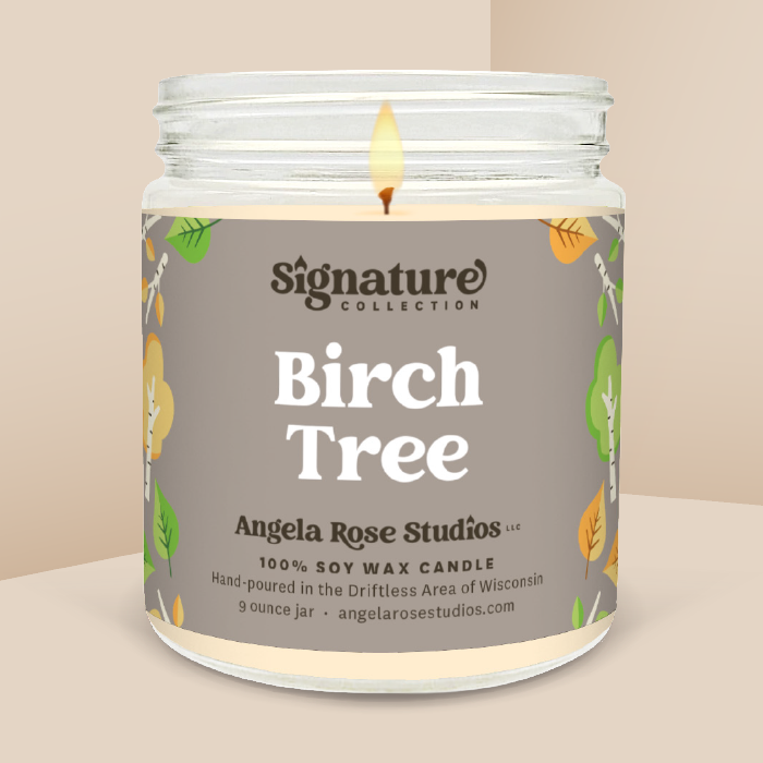 Birch Tree soy candle in a 9 oz glass jar, from the Signature Collection by Angela Rose Studios.