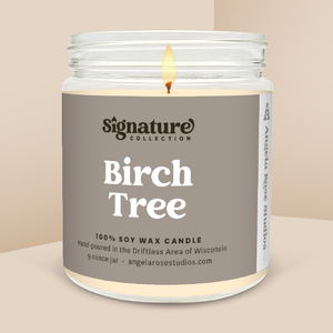 Birch Tree soy candle in a 9 oz glass jar, from the Signature Collection by Angela Rose Studios.