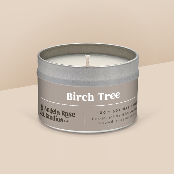 Birch Tree soy candle in a 8 oz travel tin, from the Signature Collection by Angela Rose Studios.
