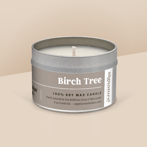 Birch Tree soy candle in a 8 oz travel tin, from the Signature Collection by Angela Rose Studios.