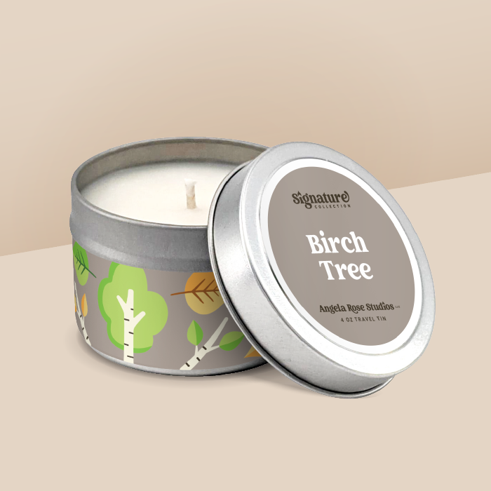 Birch Tree soy candle in a 4 oz travel tin, from the Signature Collection by Angela Rose Studios.