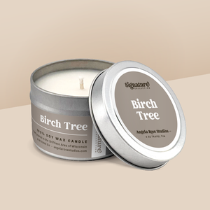 Birch Tree soy candle in a 4 oz travel tin, from the Signature Collection by Angela Rose Studios.