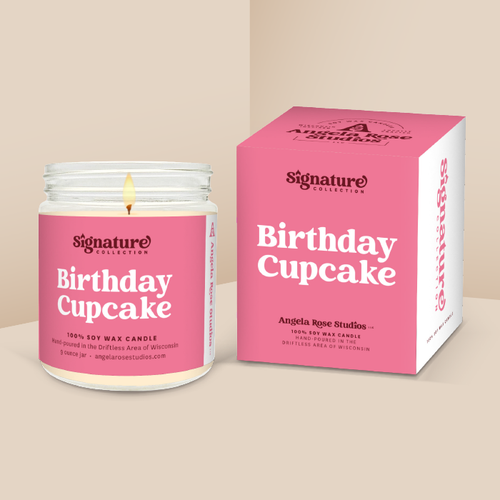Birthday Cupcake soy candle in a 9 oz glass jar with packaging box, from the Signature Collection by Angela Rose Studios.