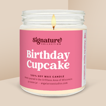 Load image into Gallery viewer, Birthday Cupcake soy candle in a 9 oz glass jar, from the Signature Collection by Angela Rose Studios.