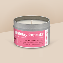 Load image into Gallery viewer, Birthday Cupcake soy candle in a 8 oz travel tin, from the Signature Collection by Angela Rose Studios.