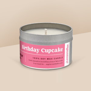 Birthday Cupcake soy candle in a 8 oz travel tin, from the Signature Collection by Angela Rose Studios.