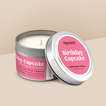 Load image into Gallery viewer, Birthday Cupcake soy candle in a 4 oz travel tin, from the Signature Collection by Angela Rose Studios.