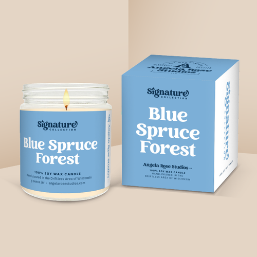 Blue Spruce Forest soy candle in a 9 oz glass jar with packaging box, from the Signature Collection by Angela Rose Studios.