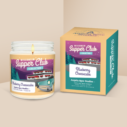 Blueberry Cheesecake soy candle in a 9 oz glass jar with packaging box, from the Wisconsin Supper Club Collection by Angela Rose Studios.