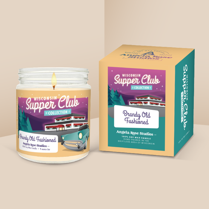 Brandy Old Fashioned soy candle in a 9 oz glass jar with packaging box, from the Wisconsin Supper Club Collection by Angela Rose Studios.