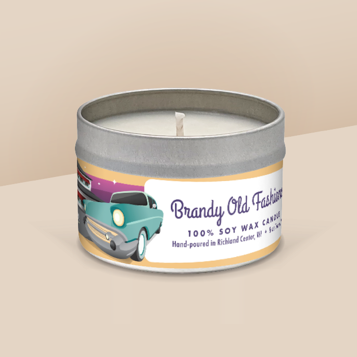 Brandy Old Fashioned soy candle in a 8 oz travel tin, from the Wisconsin Supper Club Collection by Angela Rose Studios.