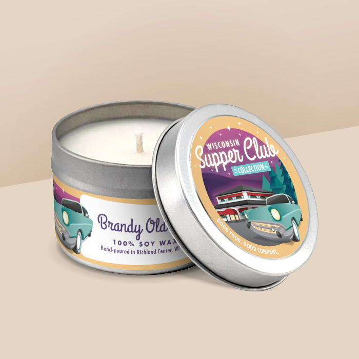 Brandy Old Fashioned soy candle in a 4 oz travel tin, from the Wisconsin Supper Club Collection by Angela Rose Studios.