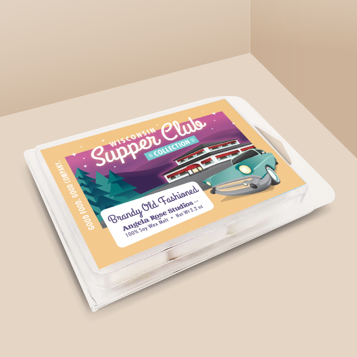 Brandy Old Fashioned soy wax melt with 6 cubes, from the Wisconsin Supper Club Collection by Angela Rose Studios.