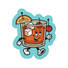 Load image into Gallery viewer, Brandy Old Fashioned cartoon character holds its cocktail skewer like a baton, complete with a cherry and a bright orange slice.