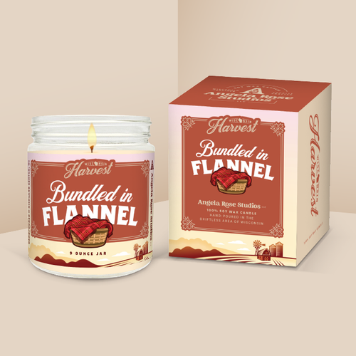 Bundled in Flannel soy candle in a 9 oz glass jar with packaging box, from the Wisconsin Harvest Collection by Angela Rose Studios.