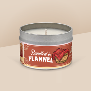 Bundled in Flannel soy candle in a 8 oz travel tin, from the Wisconsin Harvest Collection by Angela Rose Studios.