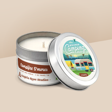 Load image into Gallery viewer, Campfire S&#39;mores soy candle in a 4 oz travel tin, from the Wisconsin Camping Collection by Angela Rose Studios.