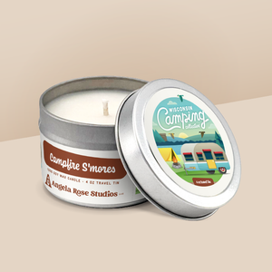 Campfire S'mores soy candle in a 4 oz travel tin, from the Wisconsin Camping Collection by Angela Rose Studios.