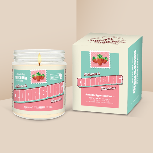 Cedarburg soy candle in a 9 oz glass jar with packaging box, from the Wanderlust Wisconsin Collection by Angela Rose Studios.